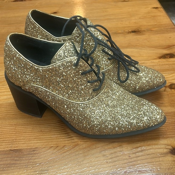 Jeffrey Campbell Gold Glitter Block Heel Lace Up Oxfords size 6 eu 36 - Picture 1 of 12